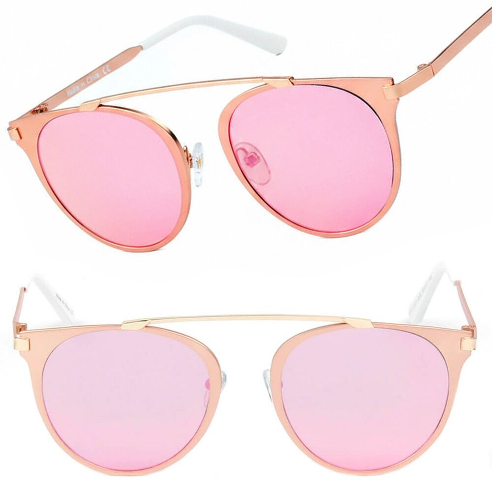 Contemporary Minimalist High Brow-Bar Design Round Sunglasses Pink Mirrored Lens